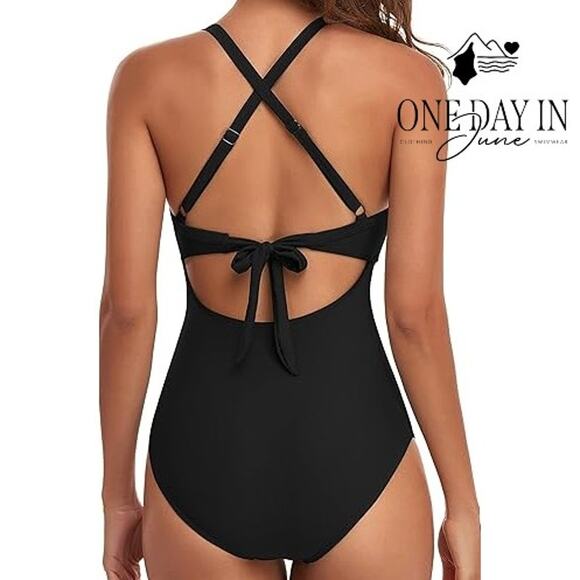 Eomenie Cross Front Tie Back Cut Out Swimdress Swimsuit Size L - Picture 2 of 7